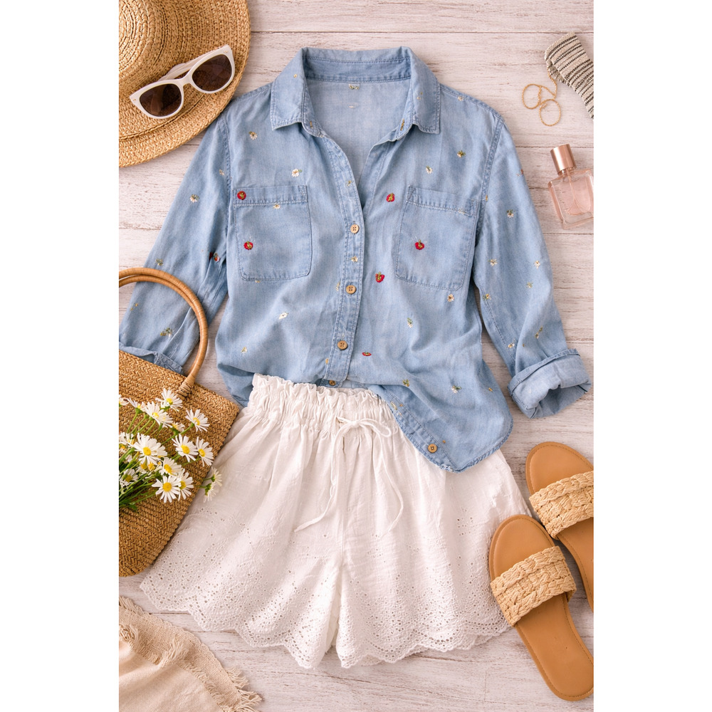 Francesca’s Chambray Embroidered Shirt Womens Large Blue Lyocell Floral Button